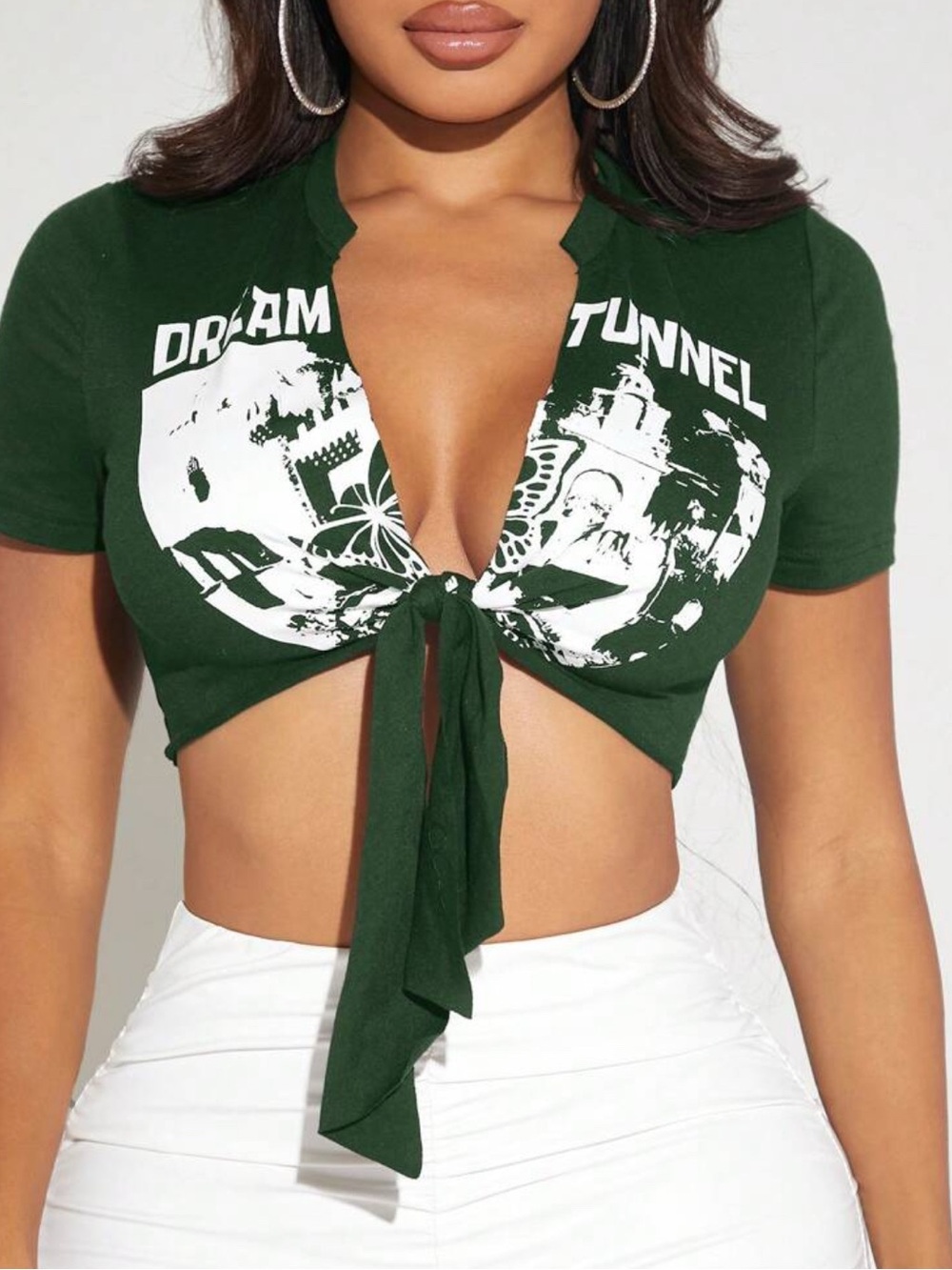 SHEIN Dark Green Tie-Front Graphic Crop Top